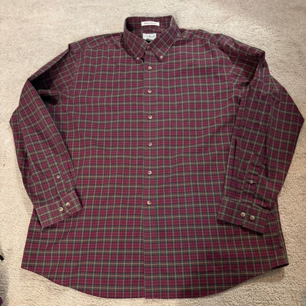 L.L.‎ Bean Shirt Mens XL-Reg Red Plaid 100% Cotton Long Sleeve Wrinkle Resistant